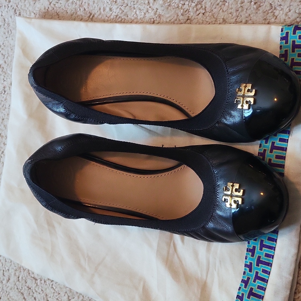 Tory Burch patent leather toe Caroline wedge heels, size 9.5, black